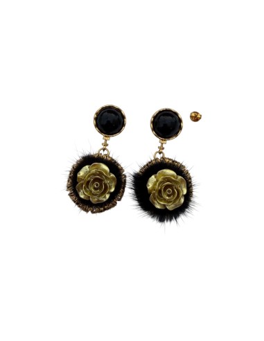 Boucles d'oreilles pendantes Noire dorée sculptée fleur et disque texturé en acier inoxydable - Somini