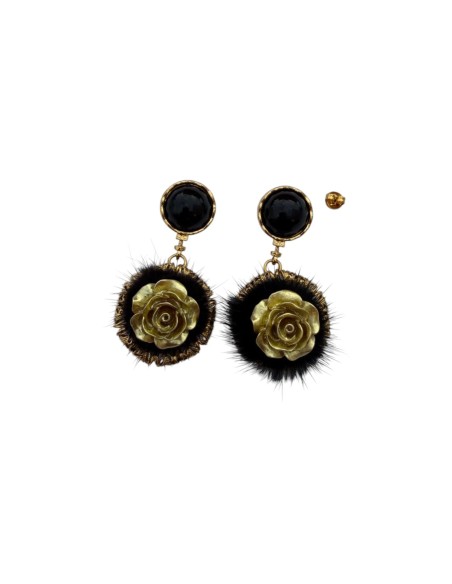 Boucles d'oreilles pendantes Noire dorée sculptée fleur et disque texturé en acier inoxydable - Somini