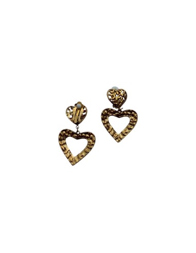 Boucle d'oreille à Clips pendantes double cœur martelé en acier inoxydable - Lolo & Yaya