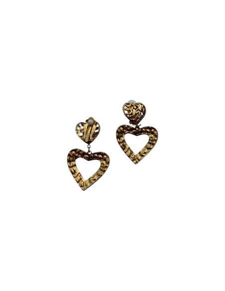 Boucle d'oreille à Clips pendantes double cœur martelé en acier inoxydable - Lolo & Yaya