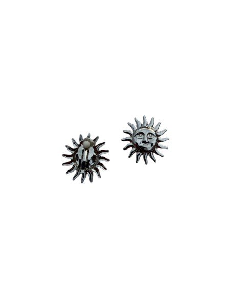 Boucles d'oreilles à clips soleil céleste visage sculpté en acier inoxydable argenté