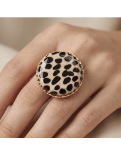 Bague ajustable plateau rond motif léopard serti doré en acier inoxydable