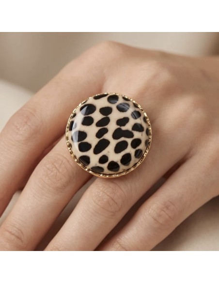 Bague ajustable plateau rond motif léopard serti doré en acier inoxydable