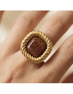 Bague ajustable carré torsade et cabochon paillette chocolat en acier inoxydable doré