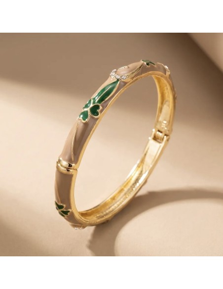 Bracelet jonc thaïlandais émaillé et motifs fleurs en métal