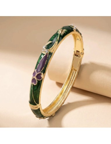Bracelet jonc thaïlandais émaillé et motifs fleurs en métal