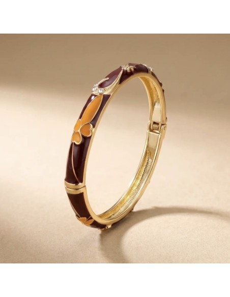 Bracelet jonc thaïlandais émaillé et motifs fleurs en métal