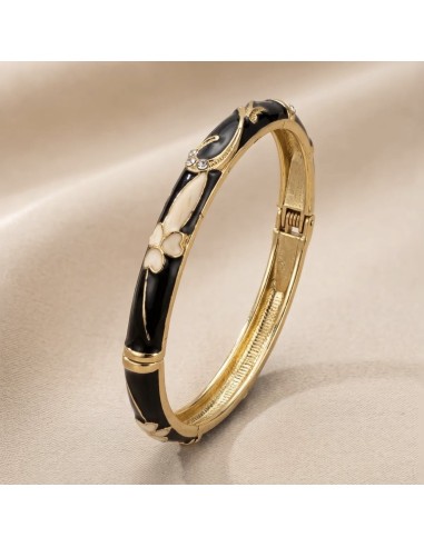 Bracelet jonc thaïlandais émaillé et motifs fleurs en métal