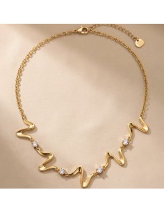 Collier doré motif vague ondulée & cristaux zirconium - En acier inoxydable