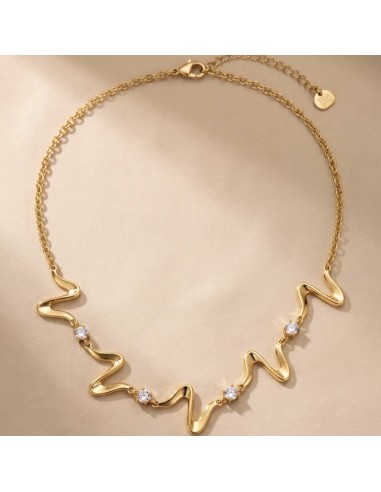 Collier doré motif vague ondulée & cristaux zirconium - En acier inoxydable