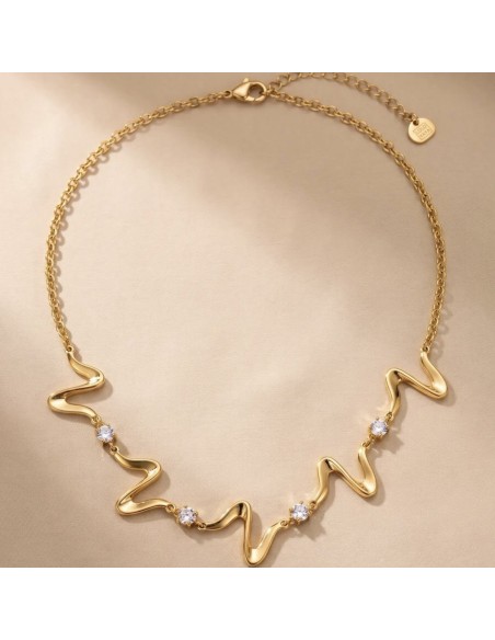 Collier doré motif vague ondulée & cristaux zirconium - En acier inoxydable