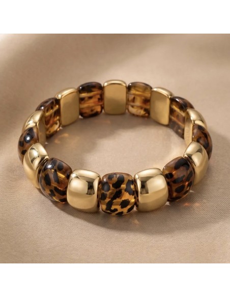 Bracelet élastique chunky - Perles résines écailles de tortue & maillons dorés