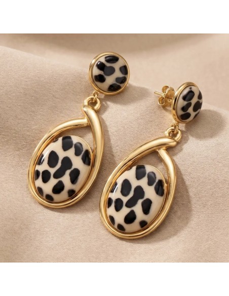 Boucles d'oreilles pendantes motif léopard et cerclage doré en acier inoxydable