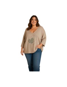 Pull à manches chauve-souris avec cœur - Coupe fluide & col V - Taille unique grande taille (du 42/44 au 50/52)