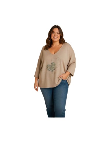 Pull à manches chauve-souris avec cœur - Coupe fluide & col V - Taille unique grande taille (du 42/44 au 50/52)