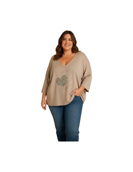 Pull à manches chauve-souris avec cœur - Coupe fluide & col V - Taille unique grande taille (du 42/44 au 50/52)