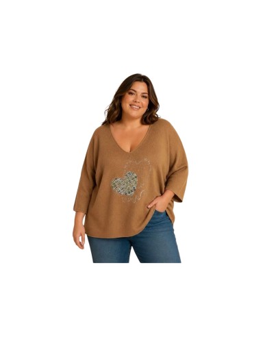 Pull à manches chauve-souris avec cœur - Coupe fluide & col V - Taille unique grande taille (du 42/44 au 50/52)