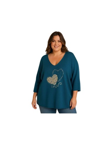 Pull à manches chauve-souris avec cœur - Coupe fluide & col V - Taille unique grande taille (du 42/44 au 50/52)