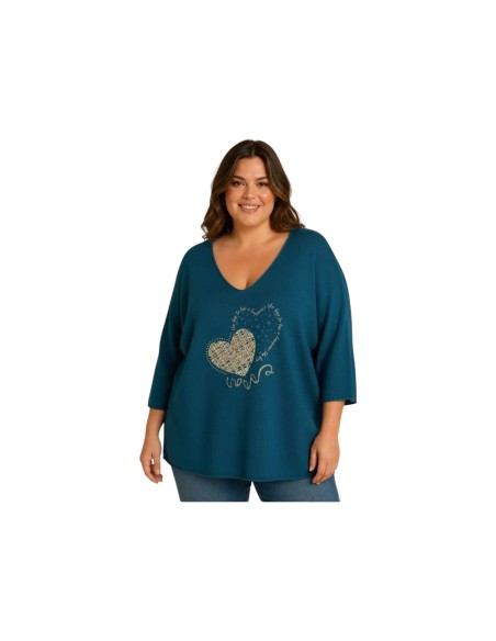 Pull à manches chauve-souris avec cœur - Coupe fluide & col V - Taille unique grande taille (du 42/44 au 50/52)