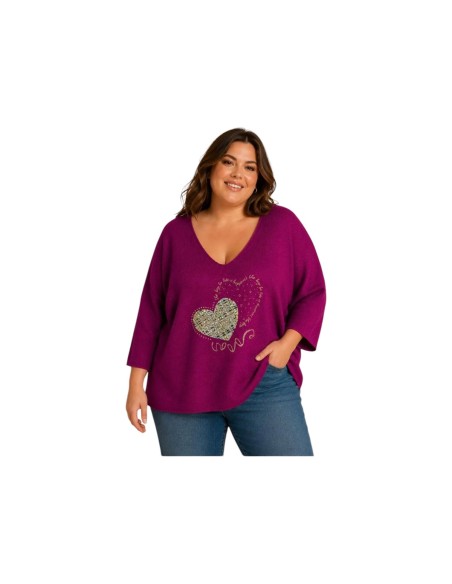 Pull à manches chauve-souris avec cœur - Coupe fluide & col V - Taille unique grande taille (du 42/44 au 50/52)