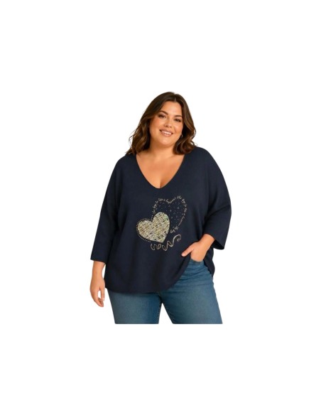 Pull à manches chauve-souris avec cœur - Coupe fluide & col V - Taille unique grande taille (du 42/44 au 50/52)
