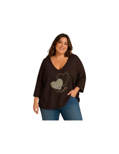 Pull à manches chauve-souris avec cœur - Coupe fluide & col V - Taille unique grande taille (du 42/44 au 50/52)