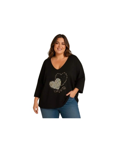 Pull à manches chauve-souris avec cœur - Coupe fluide & col V - Taille unique grande taille (du 42/44 au 50/52)