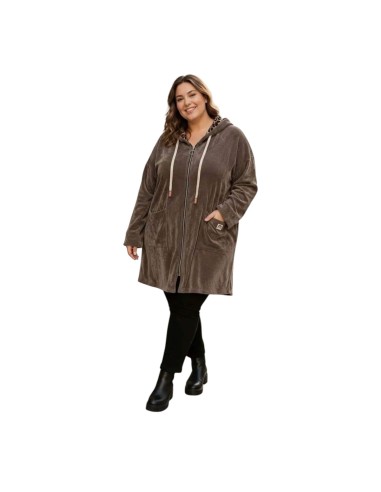 Veste longue unie à capuche intérieur léopard - Fermeture zippée - Taille unique grande taille (du 42/44 au 50/52)