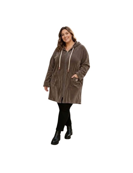 Veste longue unie à capuche intérieur léopard - Fermeture zippée - Taille unique grande taille (du 42/44 au 50/52)