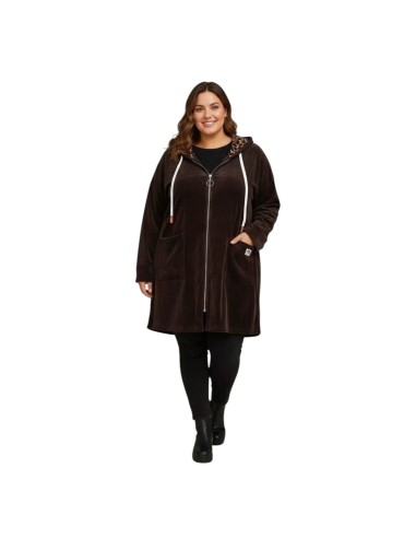 Veste longue unie à capuche intérieur léopard - Fermeture zippée - Taille unique grande taille (du 42/44 au 50/52)