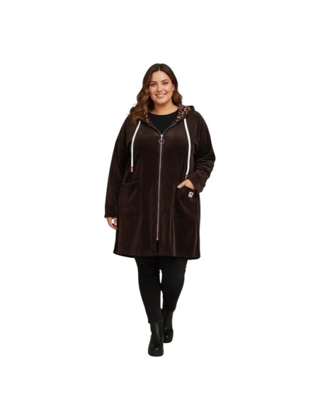 Veste longue unie à capuche intérieur léopard - Fermeture zippée - Taille unique grande taille (du 42/44 au 50/52)