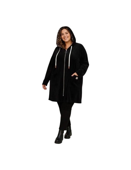 Veste longue unie à capuche intérieur léopard - Fermeture zippée - Taille unique grande taille (du 42/44 au 50/52)