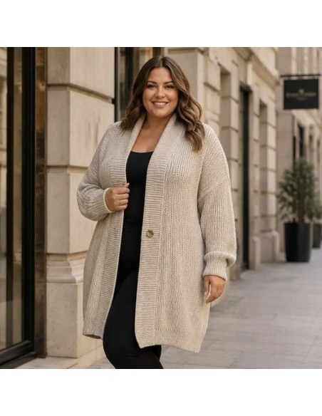 Gilet long femme en maille tricotée - Coupe loose & col châle - Taille unique grande taille (du 42/44 au 50/52)