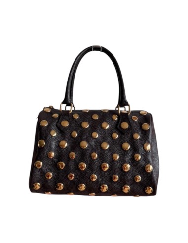 Sac à main femme en cuir véritable chocolat - Détails clous dorés