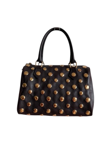 Sac à main femme en cuir véritable chocolat - Détails clous dorés
