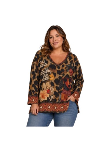 T-shirt femme imprimé léopard - Motif graphique & inscriptions - Taille unique grande taille (du 42/44 au 50/52)