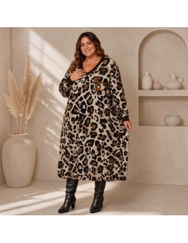 Robe longue femme imprimé léopard - Coupe fluide & logo « 5C » - Taille unique grande taille (du 42/44 au 50/52)
