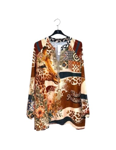 Tunique femme bonhème imprimée - Motifs girafe & rose - Taille unique grande taille (du 42/44 au 50/52)