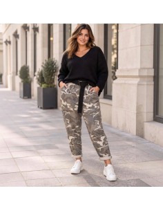 Pantalon femme camouflage - Taille élastiquée & ceinture ajustable - Taille unique (du 40 au 48)