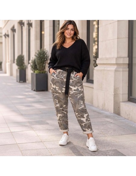 Pantalon femme camouflage - Taille élastiquée & ceinture ajustable - Taille unique (du 40 au 48)