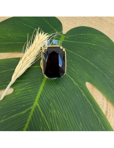 Bague cocktail pierre noire en acier inoxydable réglable