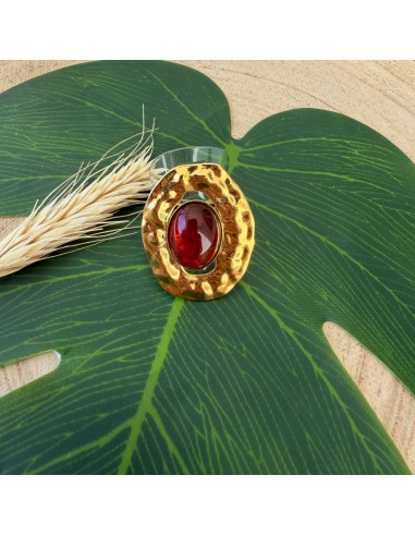 Bague cocktail avec cabochon ambre en acier inoxydable réglable
