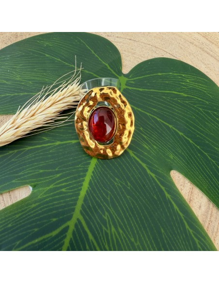 Bague cocktail avec cabochon ambre en acier inoxydable réglable