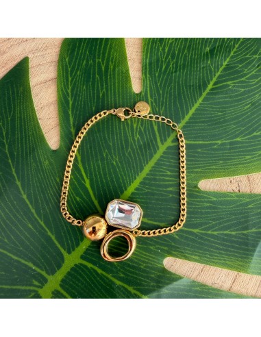 Bracelet asymétrique cristal et sphère en acier inoxydable ajustable