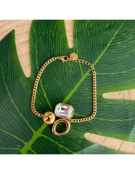 Bracelet asymétrique cristal et sphère en acier inoxydable ajustable