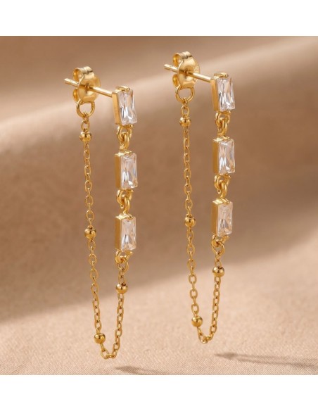 Boucles d'oreilles femme en acier inoxydable à chaînette - Pierres colorées - Plusieurs coloris