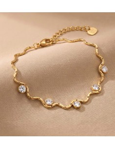Bracelet femme zigzag en acier inoxydable doré - Pierres scintillantes - Réglable