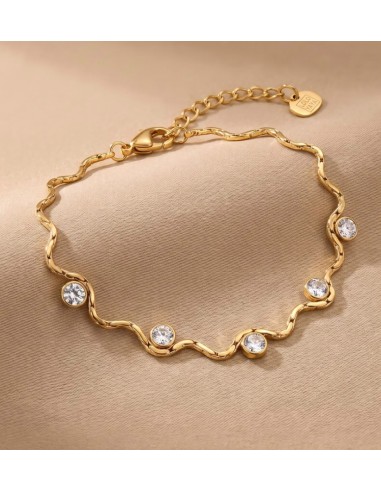 Bracelet femme zigzag en acier inoxydable doré - Pierres scintillantes - Réglable