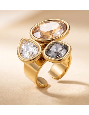 Bague femme en acier inoxydable à trois pierres colorées - Réglable
