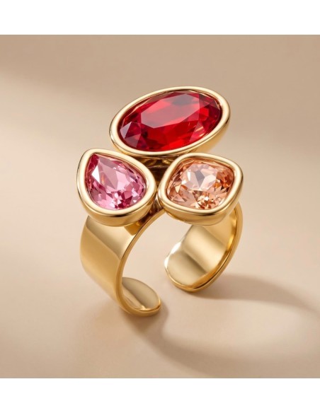 Bague femme en acier inoxydable à trois pierres colorées - Réglable